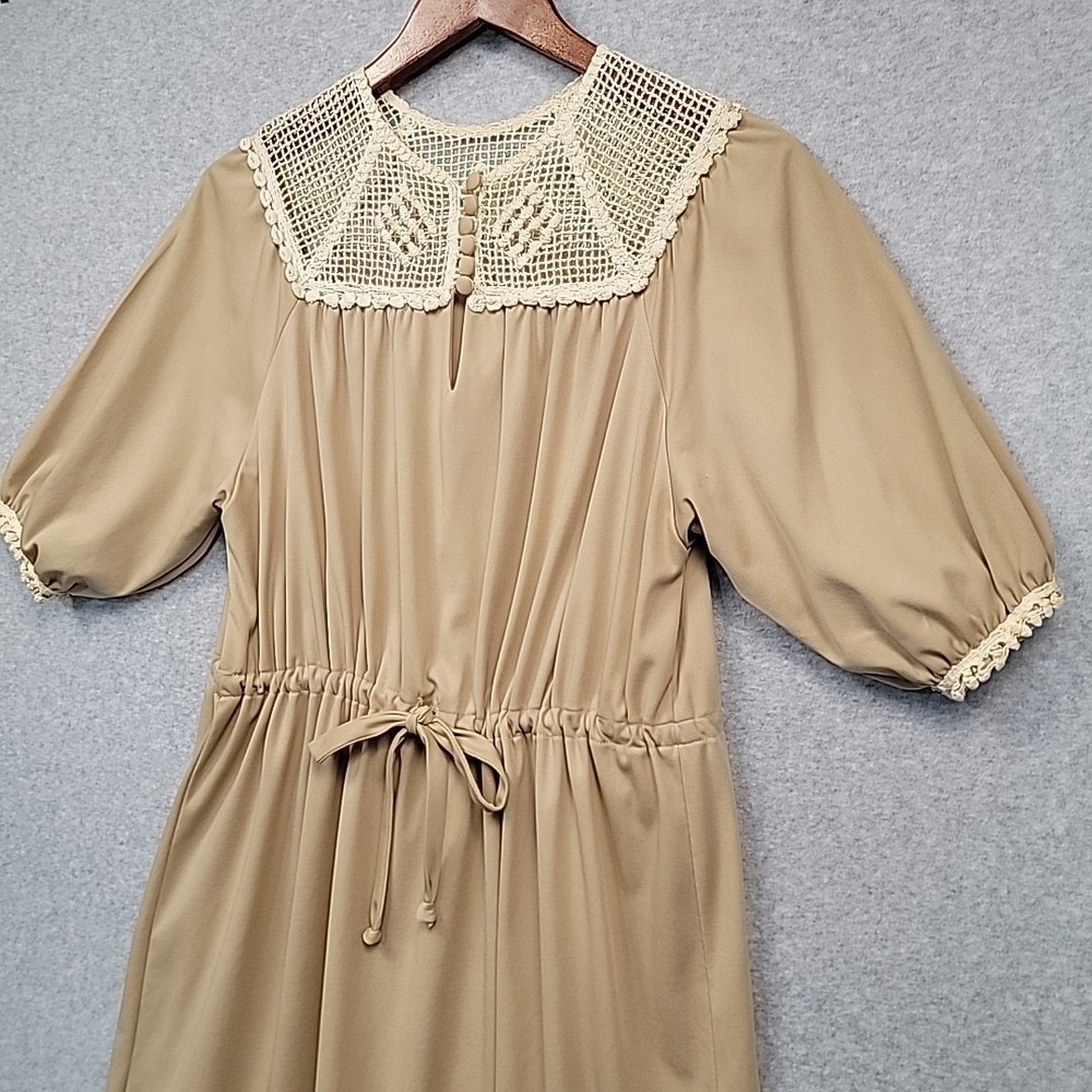 Vintage TONI TODD Prairie Dress‎ Crochet Lace Yoke Tan Boho Midi Womens 70s 80s
